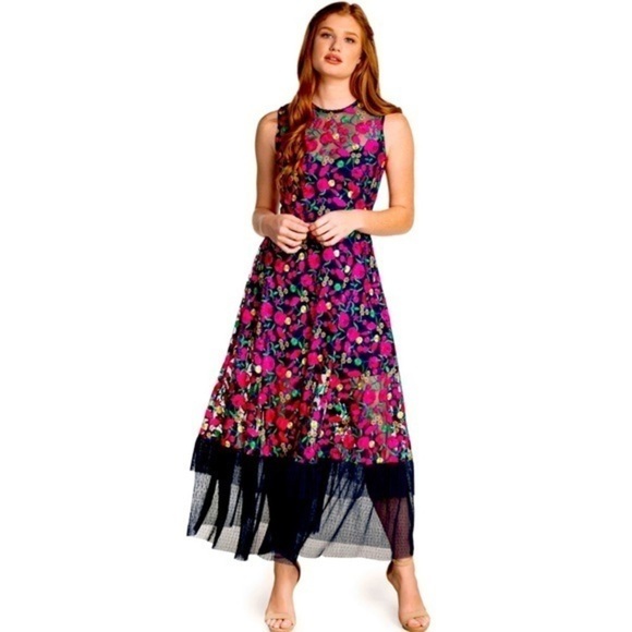NWT $298 Dress The Population Bright Floral Embroidered Dress Navy 0055 - Picture 1 of 16